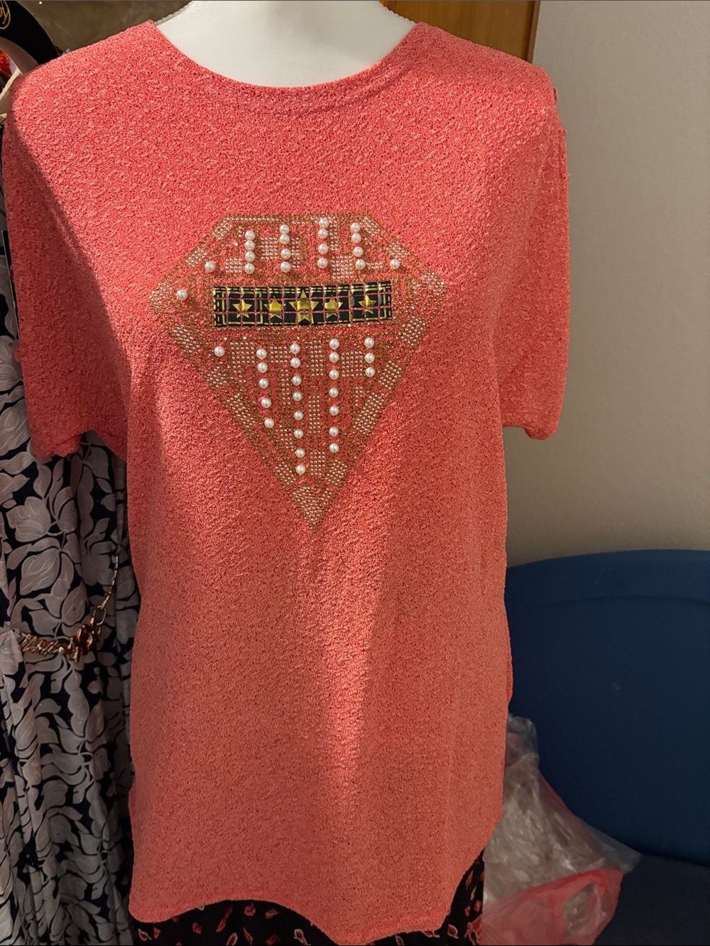Embellished Coral Short Sleeve Sweater Top